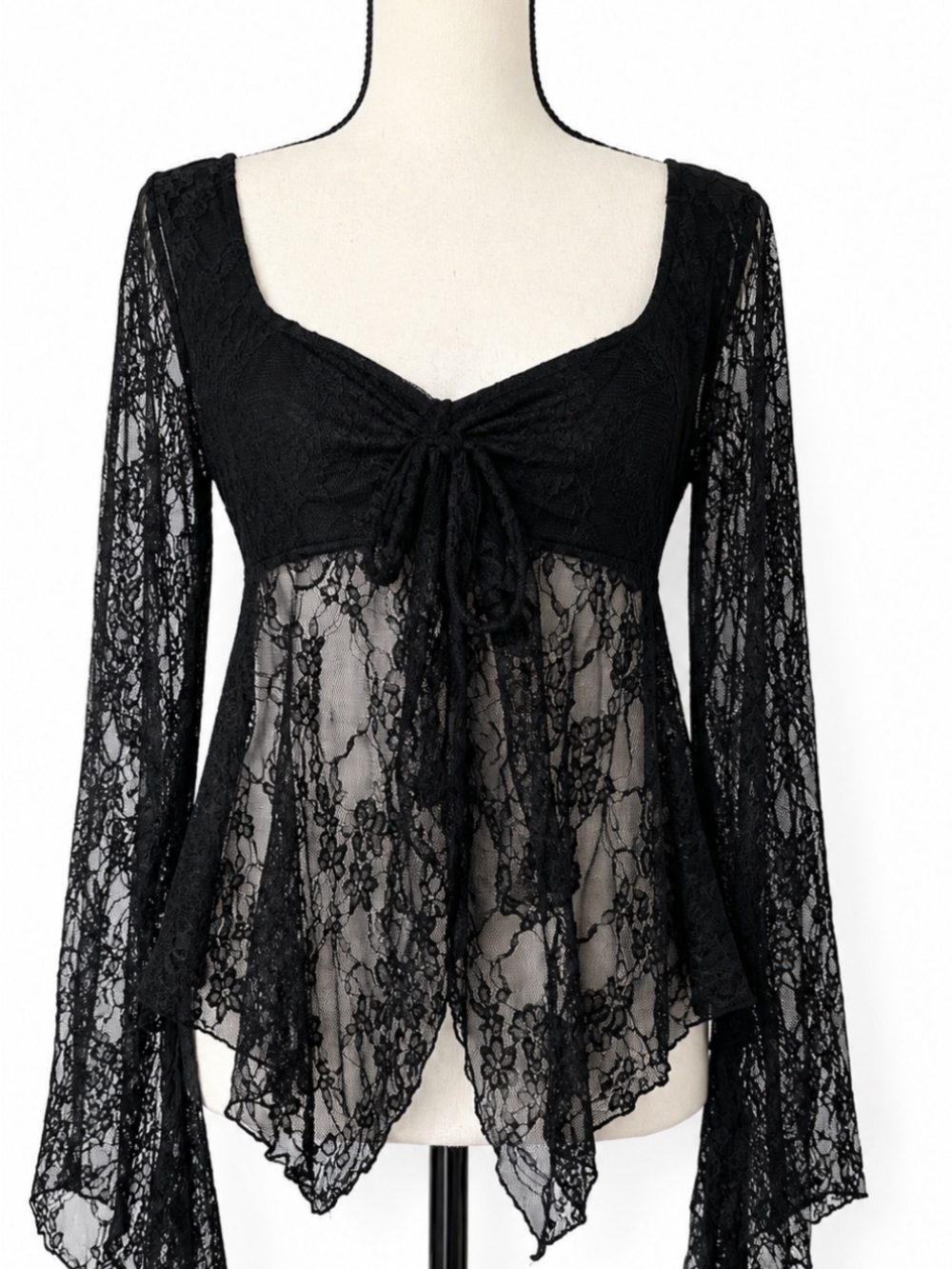 Black Lace Bell Sleeve Babydoll Top Whimsigoth Fairycore Goth Grunge Blouse L